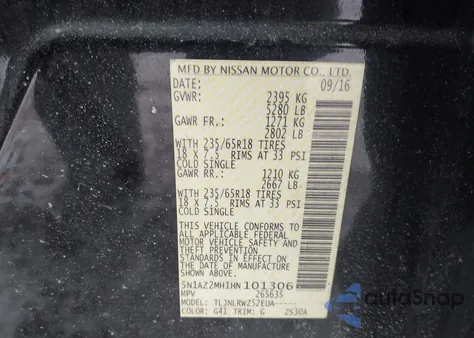 2017 Nissan Murano Sl z USA, uszkodzony, nr VIN 5N1AZ2MH1HN101306